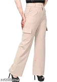 Cream cotton blend cargo pants for woman, high rise with slanted inset pocket & patch, straight fit, stretchable & casual/formal wear