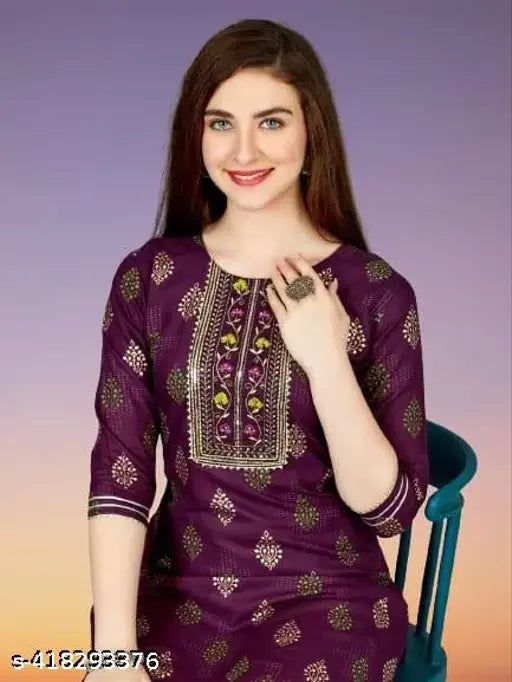 Wine rayon kurti & pant set with embroidery, 3/4 sleeve round neck, best for festive occasions. Rayon fabric, sizes S-5XL. Indian traditional charm meets modern elegance