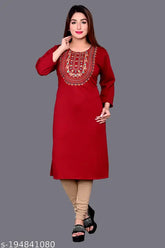Maroon embroidered woolen kurti with Aari work, ideal for winter wear in Indian ethnic style (M: 40in bust, L: 42in bust, XL: 44in bust)