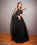 Black velvet lehenga-choli with net bottomwear and dupatta, embellished top, solid dupatta and net drape, semi-stitched or unstitched, free size (Lehenga waist 42 inches)