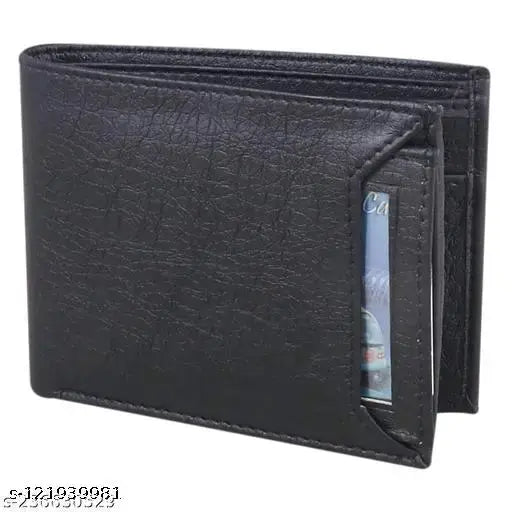 Black PU two-fold wallet for men & boys by TAQWA. Solid, ultra slim, and practical design for daily use. Comes with 5 compartments including a coin pocket and 2 currency pockets. Ideal gift for men, friends, or family members. Handcrafted in India
