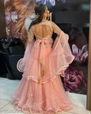 Orange sequence velvet lehengha choli with net bottomwear and embellished dupatta, semi-stitched Indian traditional outfit