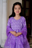 Organza and rayon festive party set for baby girls, three-quarter sleeve kurti pant with dupatta, printed pattern, size range from 5-14 years, Indian origin