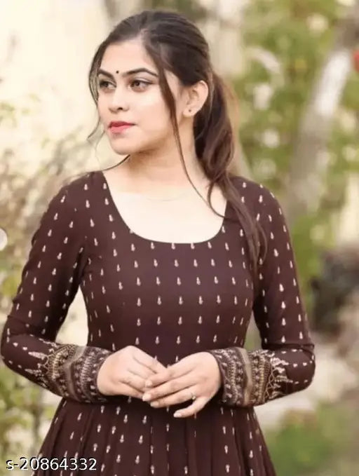 Brown rayon long-sleeve block-printed kurta gown with checked pattern, tassels, and latkan - Indian ethnic wear