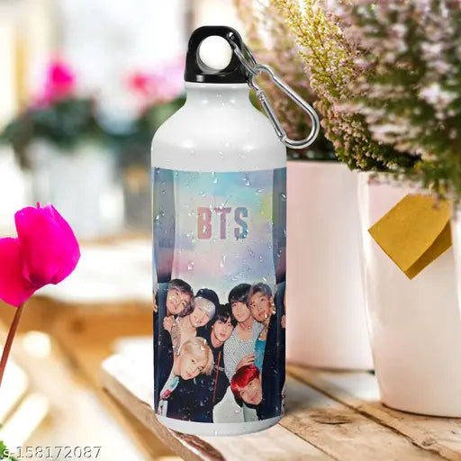 White aluminium sipper bottle, 600ml | BTS creative design, gift for girls