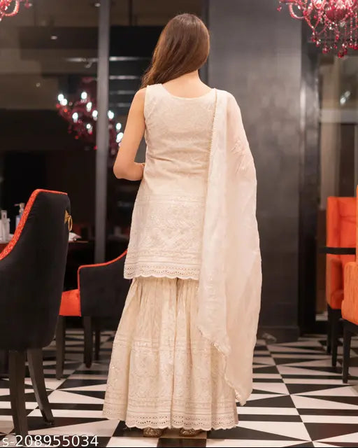 Embroidered cotton kurta sharara & dupatta set, sleeveless, Indian festival wear in royal export cotton