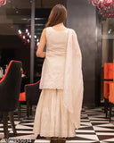 Embroidered cotton kurta sharara & dupatta set, sleeveless, Indian festival wear in royal export cotton