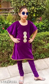 Purple velvet kaftan churidar set for girls, unique designers, trendy, fashionable, lightweight velvet fabric