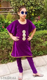 Purple velvet kaftan churidar set for kids, unique designers, trendy, lightweight velvet, girls fashion