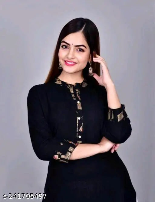 Black rayon kurti with white sharara set, three-quarter sleeves. High demand Indian fashion for women's traditional wear, size M to XXL