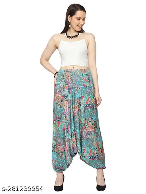 Handmade art silk Bohemian yoga harem pants, printed net design on stretchy viscose rayon fabric, engineered in Italy, from India