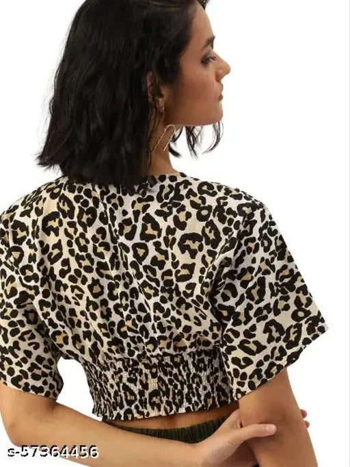 Off white/black animal print crepe blouson crop top with short sleeves, polyester fabric - Indian fashion for women