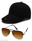 Black Cotton Cap and Brown Round Aviator Sunglasses Combo - Unisex UV Protection for Men, Women, Boys, Girls, Made in India