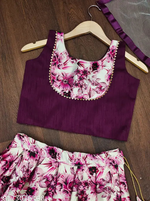 NEW Kids Choli-Lengha Full Stitched Set, Indian satin & net floral print, sleeveless Lehenga for 5-14 years