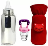 Stainless steel kids sipper bottle (250ML) with teether and food feeder, zero plastic, no leakage - Shivani Baby Combo pack