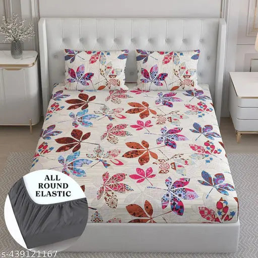 Multicolor premium cotton fitted king size bedsheet with elastic, 2 zipper pillow covers (78x72x9), super soft and long-lasting
