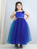 Blue net flared party dress for kids, sleeveless, fit and flare style