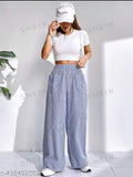 Cotton blend blue striped double pocket paint pants for women (XS-XXL), Wide Leg fit