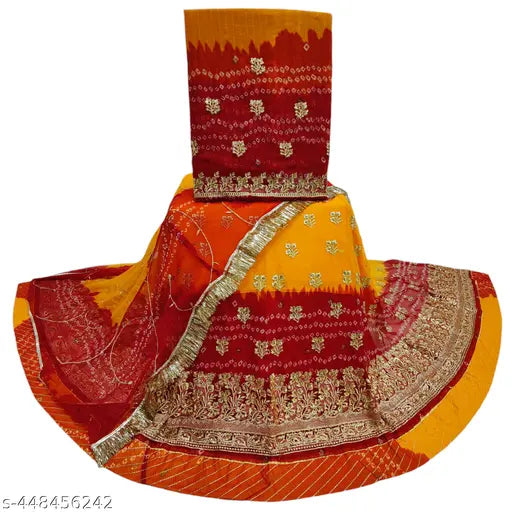 Embroidered Rajputi poshak set in Georgette material, suitable for parties and festive occasions. Zari work detailing. Includes lehenga, kurti, odni, and satin astar