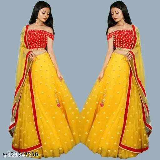 Embroidered satin-net lehenga choli with lace dupatta, semi-stitched (42" waist, 44" length), Indian designer embroidery work on net