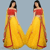 Embroidered satin-net lehenga choli with lace dupatta, semi-stitched (42" waist, 44" length), Indian designer embroidery work on net