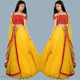 Embroidered satin-net lehenga choli with lace dupatta, semi-stitched (42" waist, 44" length), Indian designer embroidery work on net