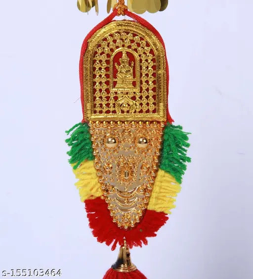 Multi-colored car hanging nettipattam with kolam, umbrella, Ganesha, and Vishnu (8 inches), traditional Indian automobile art form