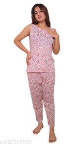 Pink Flower Printed Cotton Night Suit Set, lightweight Malai Modal, breathable, sleepwear style, two-piece pajamas for women, machine washable