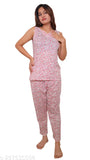 Pink Flower Printed Cotton Night Suit Set, lightweight Malai Modal, breathable, sleepwear style, two-piece pajamas for women, machine washable