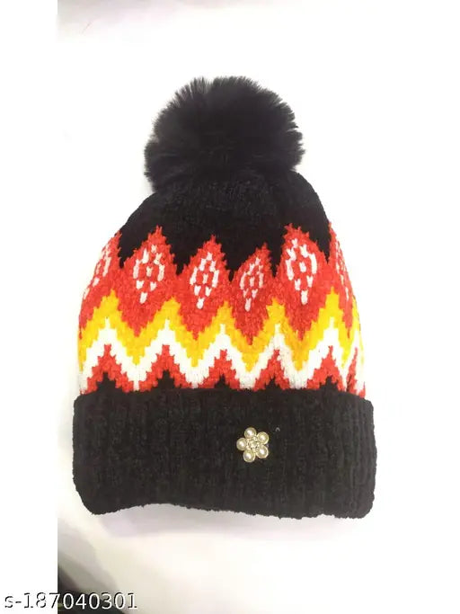 Assorted color wool knit beanie hat with faux fur pompom, free size, winter wear
