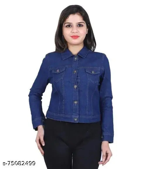 Classic modern denim jacket for women & girls, premium cotton blend, long sleeves, solid design, functional style