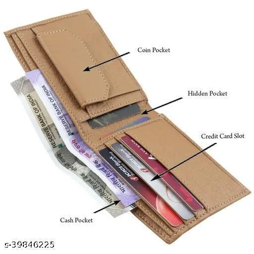 Beige PU Card & Money Organizer Wallet - Trendy Men's Bi-Fold by Classic World. Solid design, 2 compartments, slim and practical for daily use