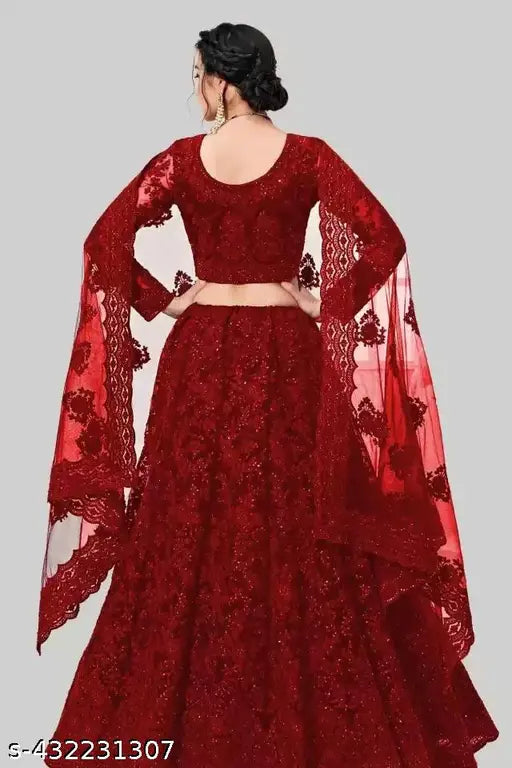 Red embroidered net lehenga-choli and dupatta set, semi-stitched with a 44" waist, 42" length, and 12" dupatta length from India
