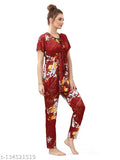 Soft satin Muskaan kaftan and pyjama set in printed design, ideal for sleepwear or loungewear