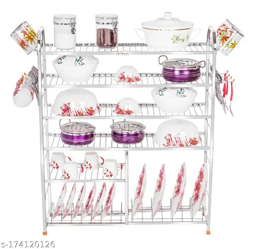 Stainless steel kitchen organizer with 6 shelves, ideal for plates & cutlery. Modular design, 36 L x 30 H inches, Indian-made