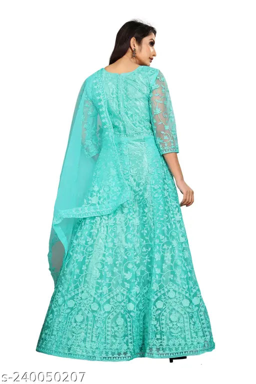 Firozi net chain stitch embroidered gown, semi-stitched with long sleeves, free size (bust 44in, length 52in), 3/4 sleeves, dry clean or hand wash, India origin