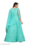 Firozi net chain stitch embroidered gown, semi-stitched with long sleeves, free size (bust 44in, length 52in), 3/4 sleeves, dry clean or hand wash, India origin