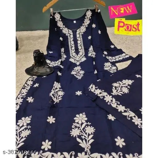 Embroidered rayon Chikankari work kurti & palazzos set, three-quarter sleeves, India-origin ethnic clothing for women
