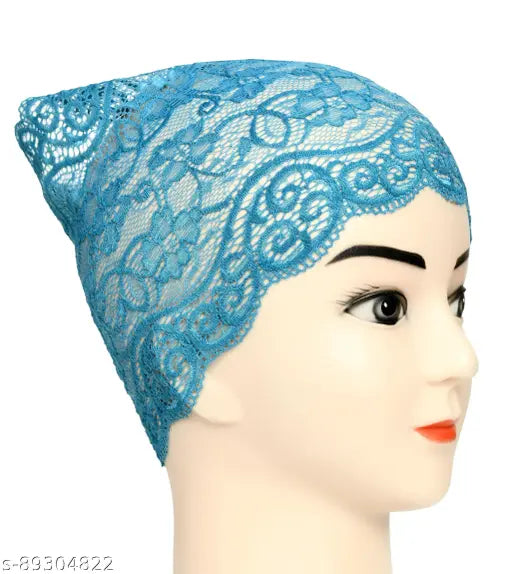 Turquoise Blue Lycra Net Women's Hijab cap (2pcs) - Self-designed, versatile head covering for hijab or under scarf, India origin