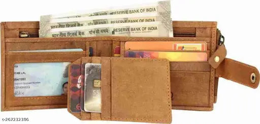 Genuine leather, RFID-protected men's wallet with zipper (two fold), solid color, free size (9cm x 11cm) for travelers and busy individuals