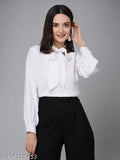 White polyester smart casual top, long sleeve with tie-up V-neckline & bishop sleeves, Stylel Quotient women's wear, made in India