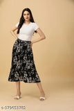 Pleated printed midi skirt, polyester, full-length elastic waist, Indian-origin fashion trend