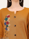 Yellow wool A-line Mandarin kurta with floral print, perfect for formal or casual occasions
