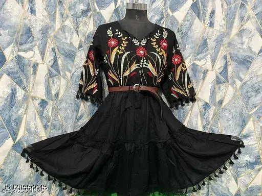 Rayon floral embroidered A-line midi dress for women party wear, multicolor with three-quarter sleeves