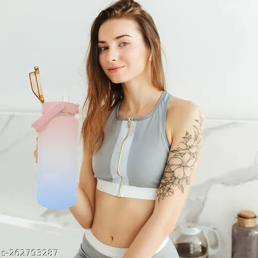 Pink motivational time marker water bottle for office and gym, non-toxic sipper bottle, 2L capacity, motivational quote and time markers, wide mouth opening, leak proof