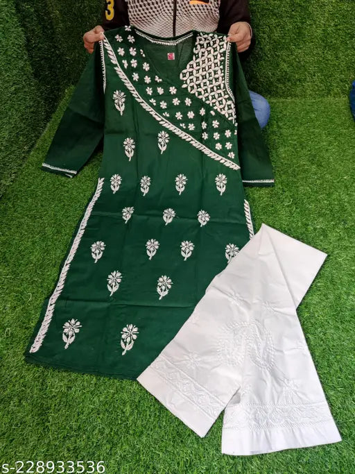 Embroidered cotton kurta with palazzo for women - Lucknowi Chikan handwork, three-quarter sleeves, pack of 2 sizes S-XL, Indian embroidered fashion