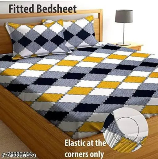 Glace Cotton multi-colored fitted double king bedsheet with elastic corners and 2 pillow covers, ideal for summer. Perfect fit on mattresses 4-8 inches deep