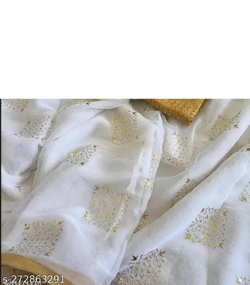 Chiffon box saree with brocade blouse, printed pattern and zari woven net, single free size, Indian origin