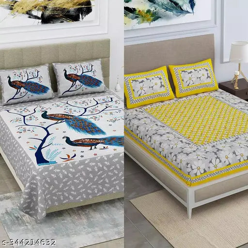 Pure cotton combo pack of 2 queen size double bedsheets with peacock print, ideal for summer use