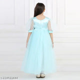Sky blue embellished net hi-low dress for kids, three-quarter sleeves, party wear